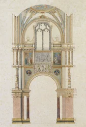 Entwurf für das Seitenjoch einer Kirche mit Fresken aus dem Leben des Hl. Franziskus (aquarellierte Federzeichnung)